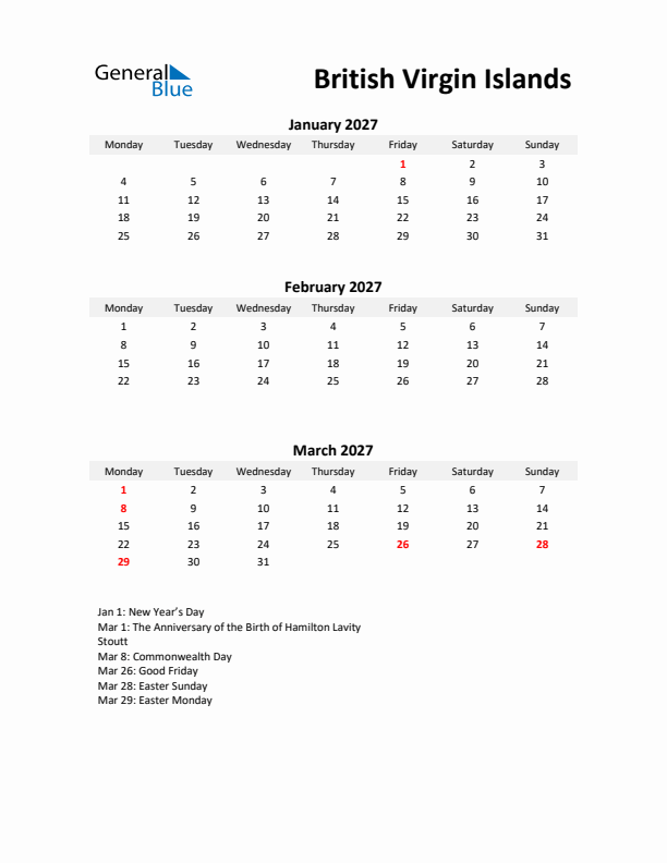 Printable Quarterly Calendar with Notes and British Virgin Islands Holidays- Q1 of 2027