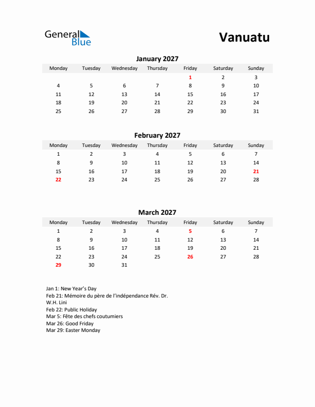 Printable Quarterly Calendar with Notes and Vanuatu Holidays- Q1 of 2027