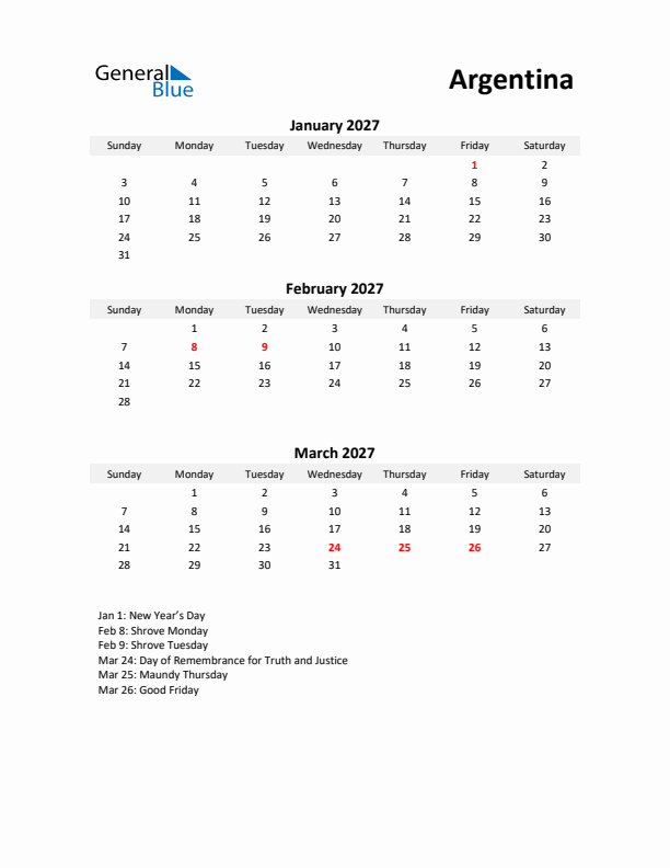 Printable Quarterly Calendar with Notes and Argentina Holidays- Q1 of 2027