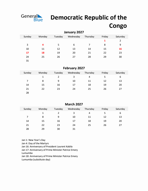 Printable Quarterly Calendar with Notes and Democratic Republic of the Congo Holidays- Q1 of 2027