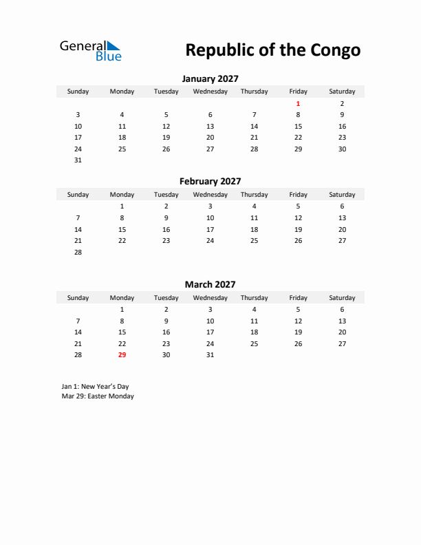 Printable Quarterly Calendar with Notes and Republic of the Congo Holidays- Q1 of 2027