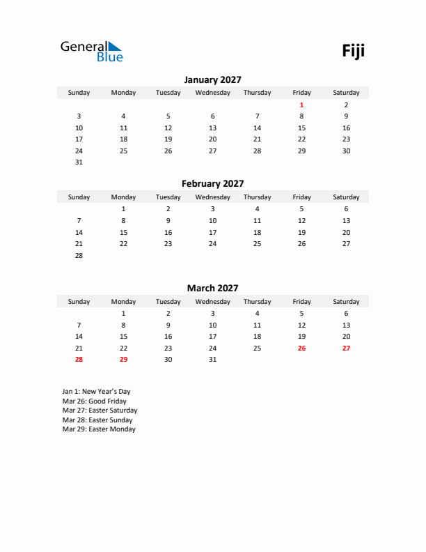 Printable Quarterly Calendar with Notes and Fiji Holidays- Q1 of 2027