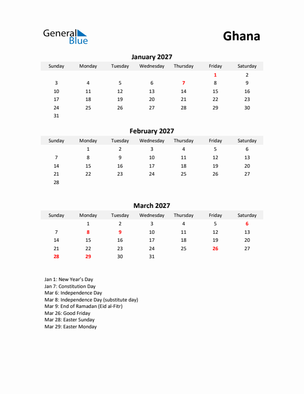 Printable Quarterly Calendar with Notes and Ghana Holidays- Q1 of 2027