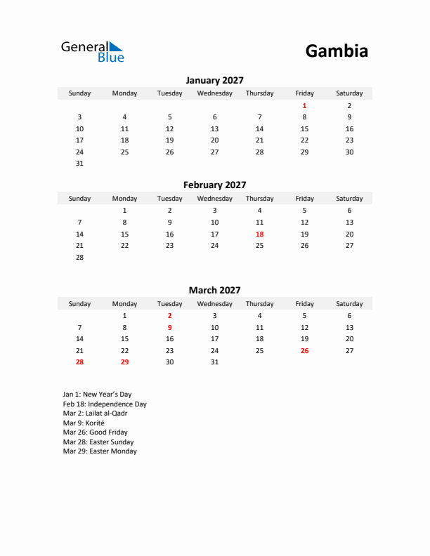 Printable Quarterly Calendar with Notes and Gambia Holidays- Q1 of 2027