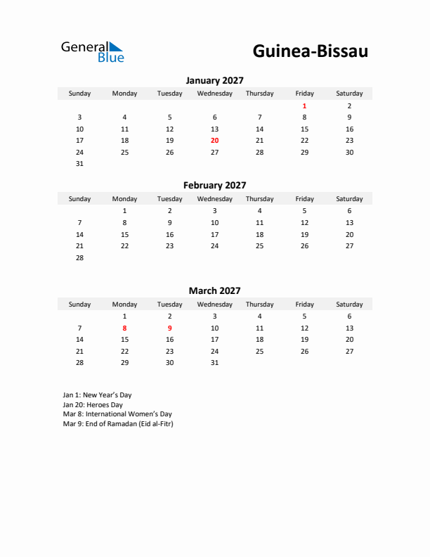 Printable Quarterly Calendar with Notes and Guinea-Bissau Holidays- Q1 of 2027