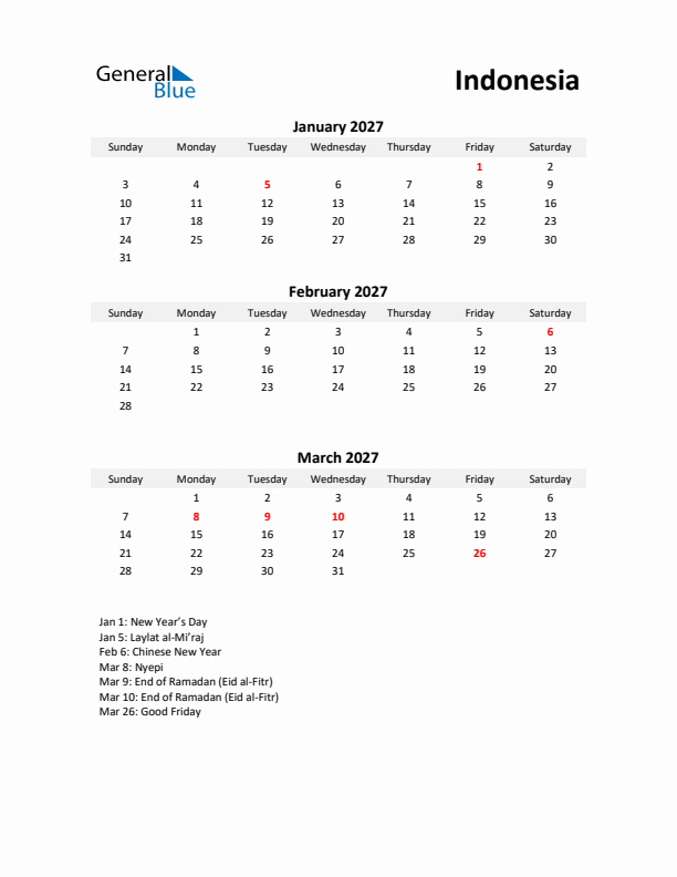 Printable Quarterly Calendar with Notes and Indonesia Holidays- Q1 of 2027