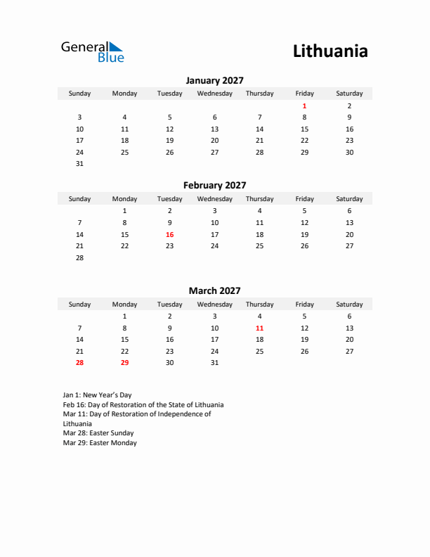 Printable Quarterly Calendar with Notes and Lithuania Holidays- Q1 of 2027