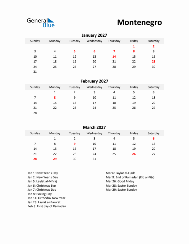 Printable Quarterly Calendar with Notes and Montenegro Holidays- Q1 of 2027