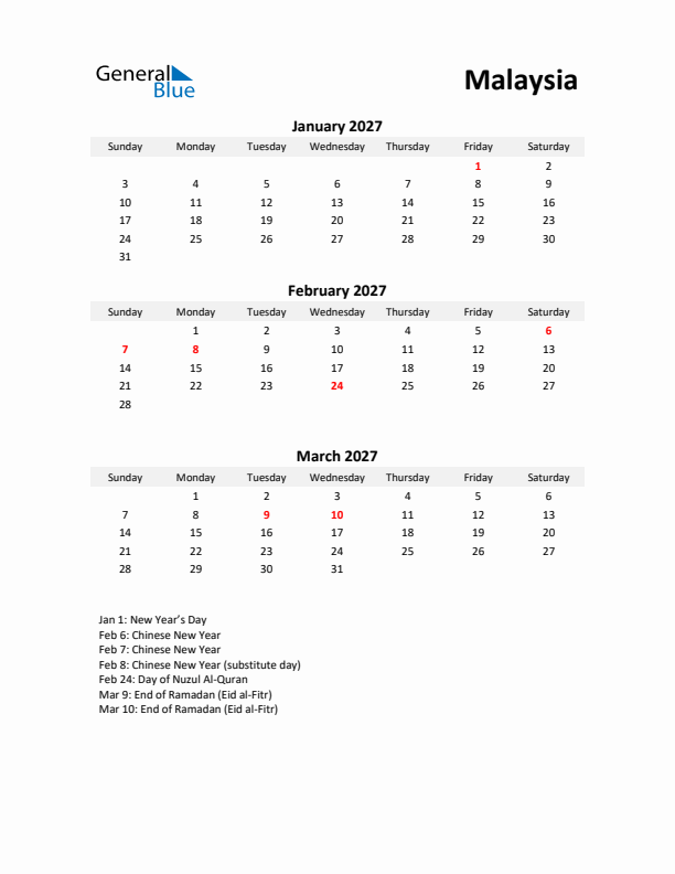 Printable Quarterly Calendar with Notes and Malaysia Holidays- Q1 of 2027