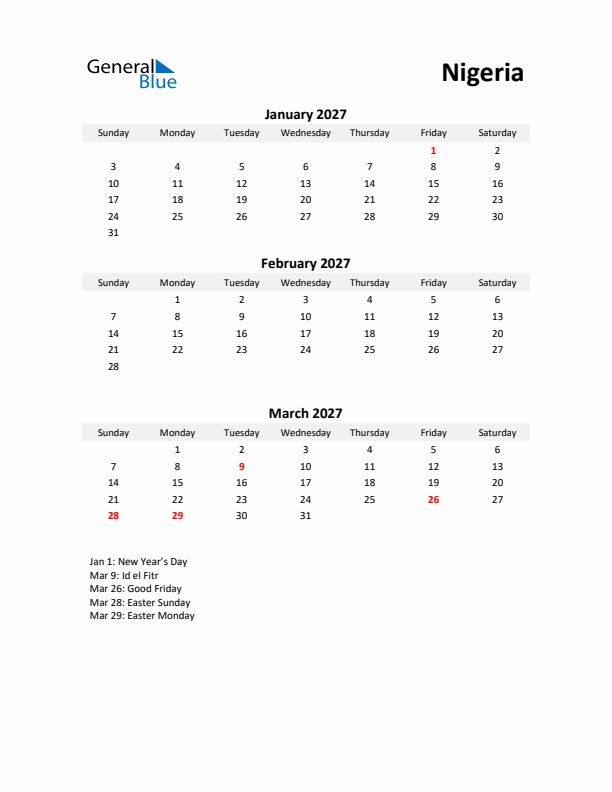 Printable Quarterly Calendar with Notes and Nigeria Holidays- Q1 of 2027