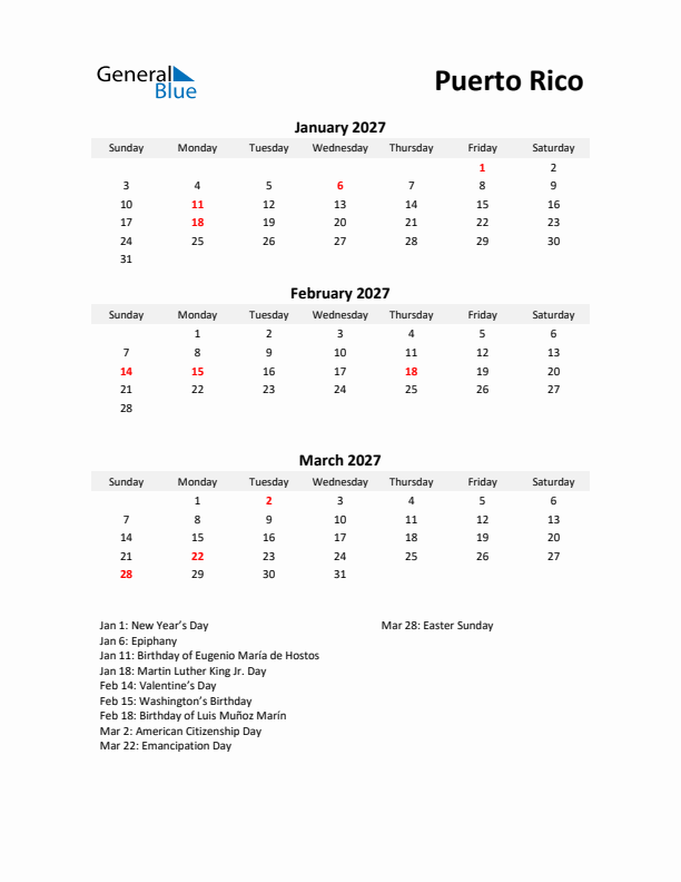 Printable Quarterly Calendar with Notes and Puerto Rico Holidays- Q1 of 2027
