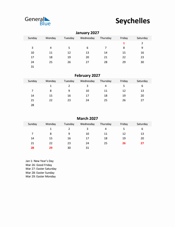 Printable Quarterly Calendar with Notes and Seychelles Holidays- Q1 of 2027