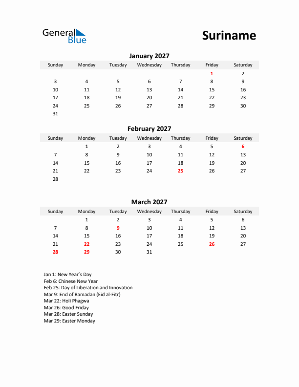Printable Quarterly Calendar with Notes and Suriname Holidays- Q1 of 2027