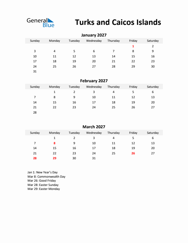 Printable Quarterly Calendar with Notes and Turks and Caicos Islands Holidays- Q1 of 2027