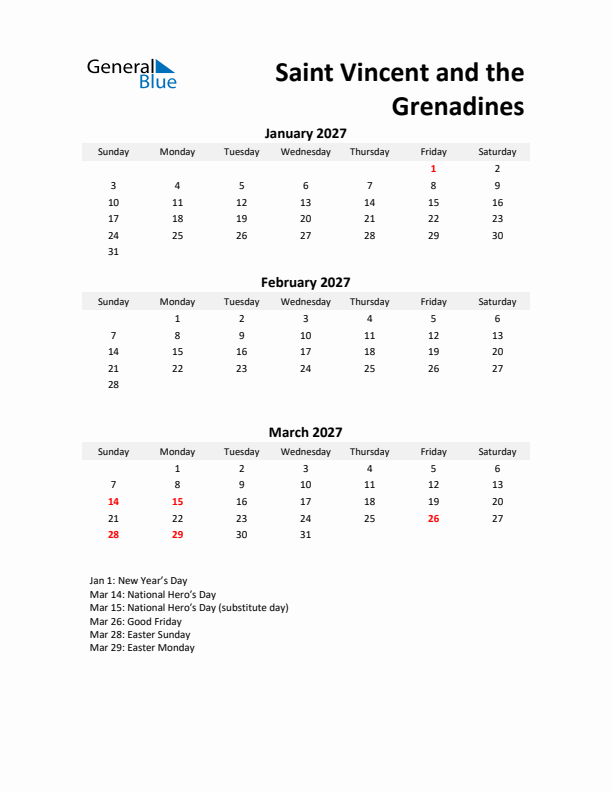 Printable Quarterly Calendar with Notes and Saint Vincent and the Grenadines Holidays- Q1 of 2027