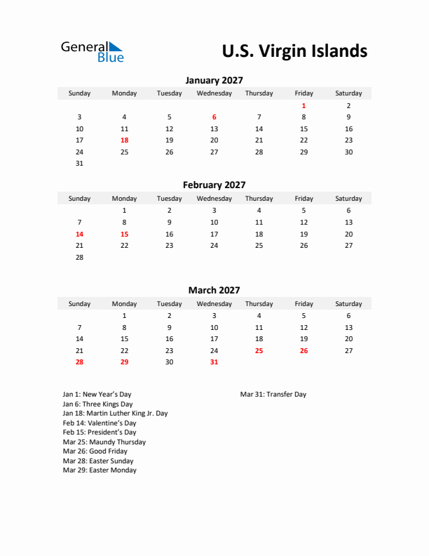 Printable Quarterly Calendar with Notes and U.S. Virgin Islands Holidays- Q1 of 2027