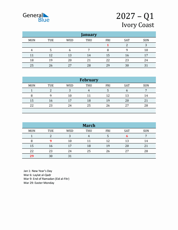 Three-Month Planner for Q1 2027 with Holidays - Ivory Coast