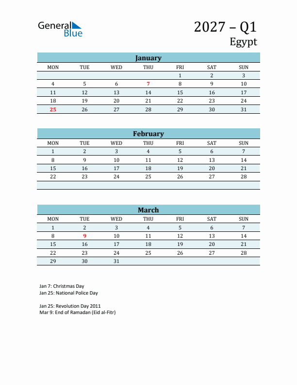 Three-Month Planner for Q1 2027 with Holidays - Egypt