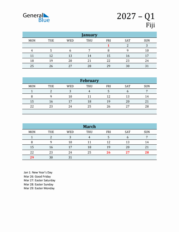 Three-Month Planner for Q1 2027 with Holidays - Fiji