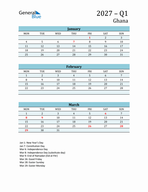 Three-Month Planner for Q1 2027 with Holidays - Ghana