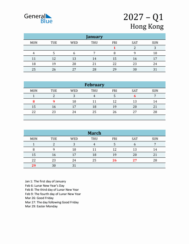 Three-Month Planner for Q1 2027 with Holidays - Hong Kong