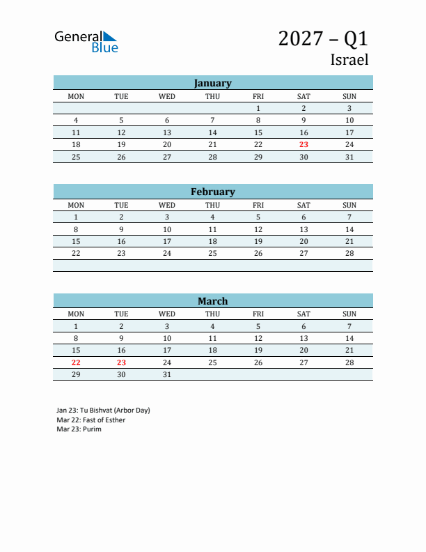Three-Month Planner for Q1 2027 with Holidays - Israel