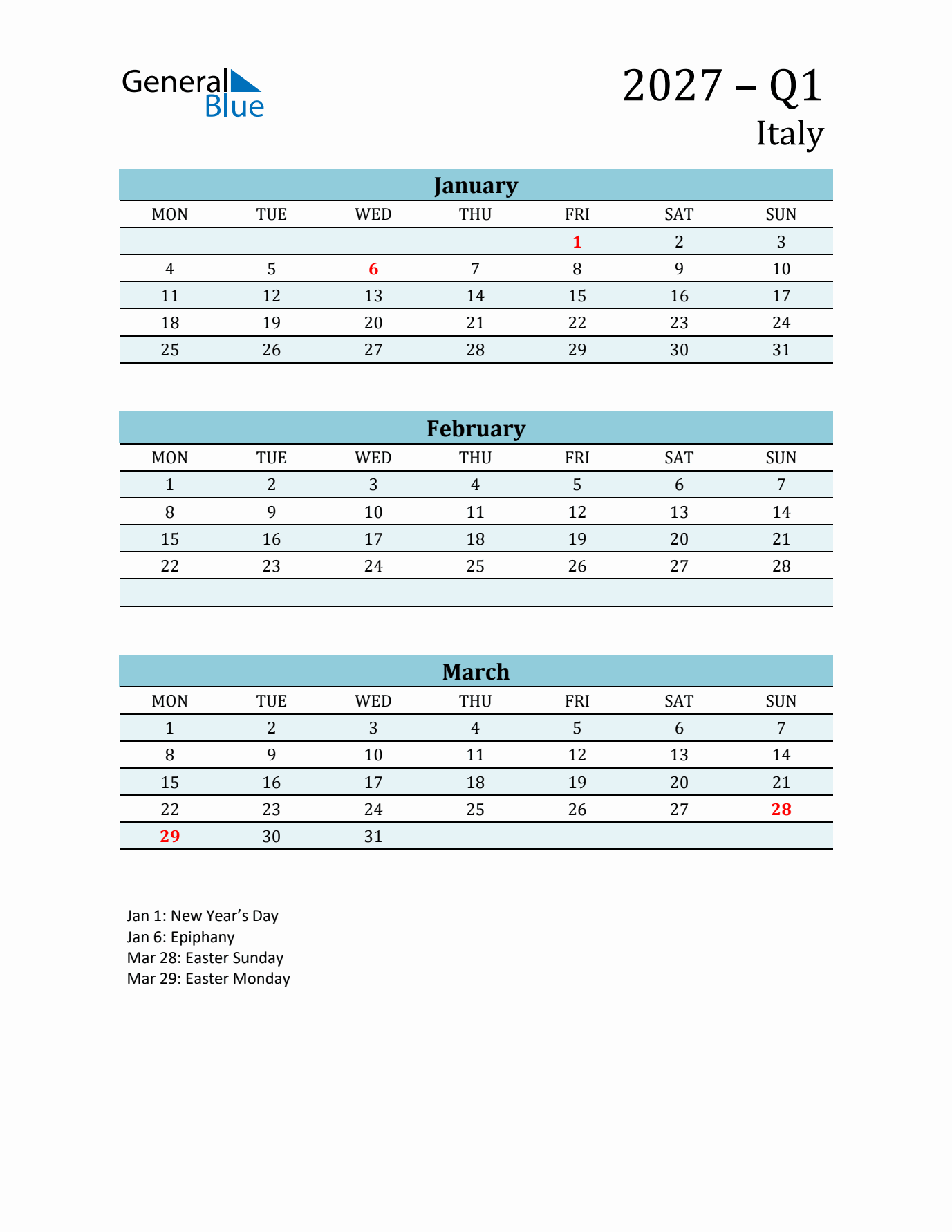 Three-Month Planner for Q1 2027 with Holidays - Italy