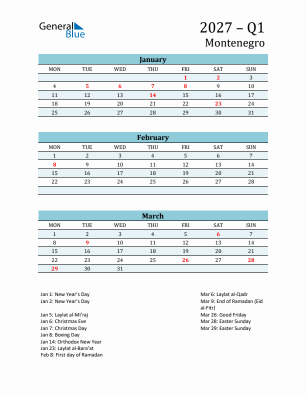 Three-Month Planner for Q1 2027 with Holidays - Montenegro