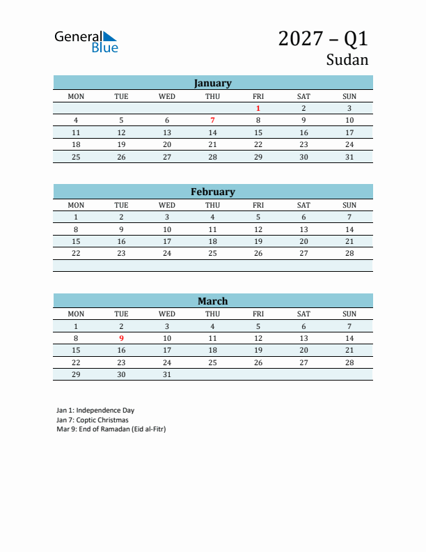 Three-Month Planner for Q1 2027 with Holidays - Sudan