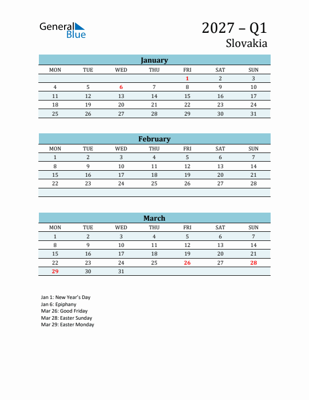 Three-Month Planner for Q1 2027 with Holidays - Slovakia