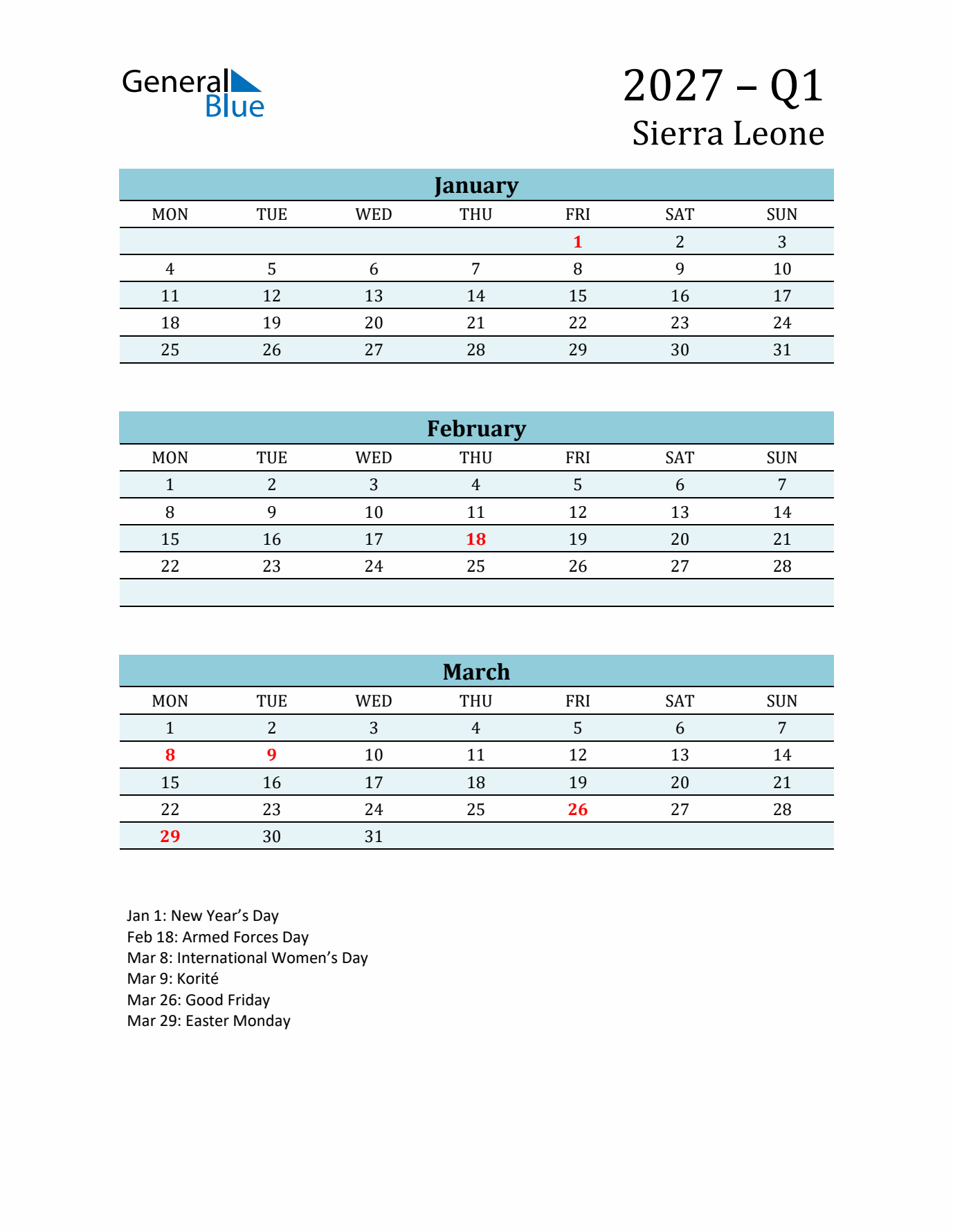 Three-Month Planner for Q1 2027 with Holidays - Sierra Leone