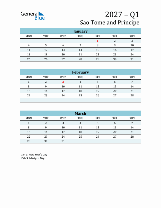 Three-Month Planner for Q1 2027 with Holidays - Sao Tome and Principe