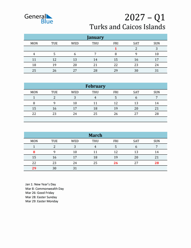 Three-Month Planner for Q1 2027 with Holidays - Turks and Caicos Islands