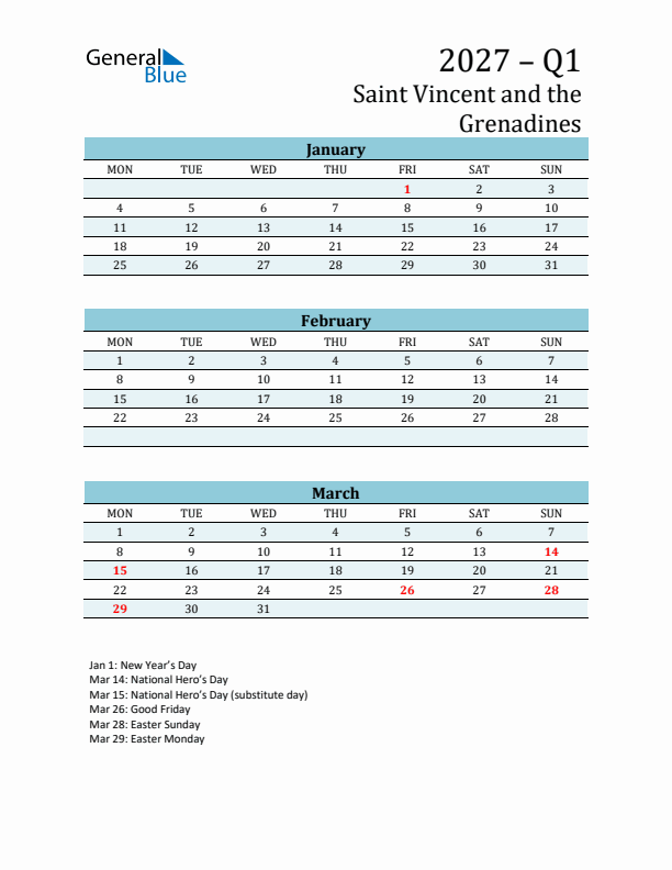 Three-Month Planner for Q1 2027 with Holidays - Saint Vincent and the Grenadines