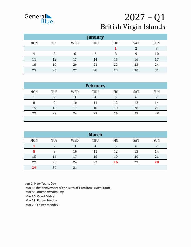 Three-Month Planner for Q1 2027 with Holidays - British Virgin Islands