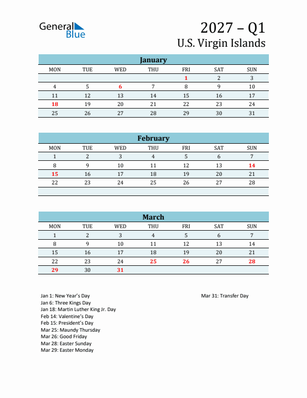 Three-Month Planner for Q1 2027 with Holidays - U.S. Virgin Islands