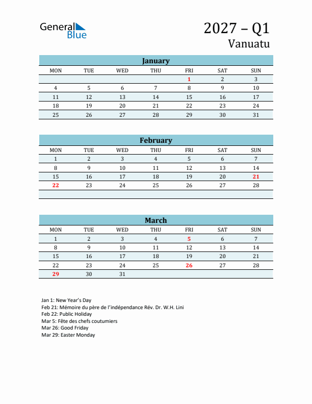 Three-Month Planner for Q1 2027 with Holidays - Vanuatu