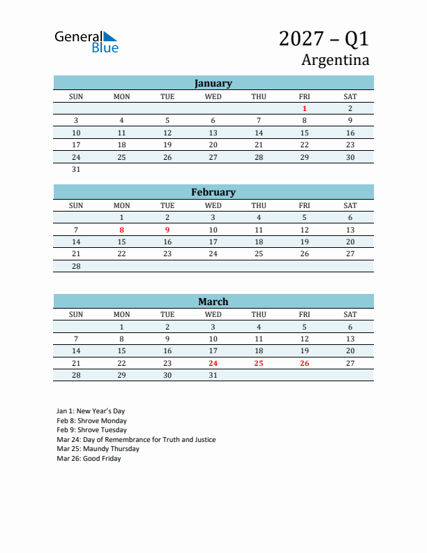 Three-Month Planner for Q1 2027 with Holidays - Argentina