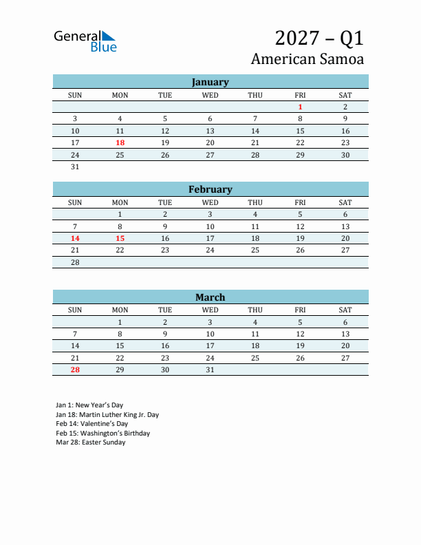 Three-Month Planner for Q1 2027 with Holidays - American Samoa