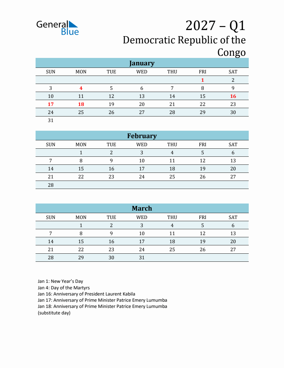 Three-Month Planner for Q1 2027 with Holidays in Democratic Republic of ...