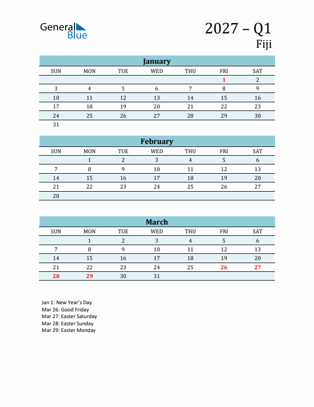 Three-Month Planner for Q1 2027 with Holidays - Fiji
