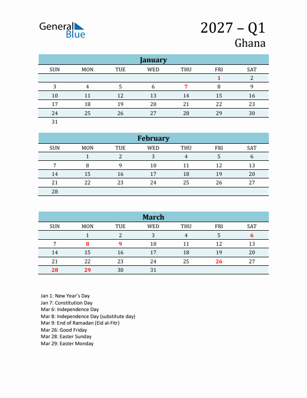 Three-Month Planner for Q1 2027 with Holidays - Ghana