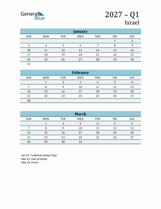 Three-Month Planner for Q1 2027 with Holidays - Israel