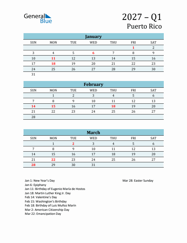 Three-Month Planner for Q1 2027 with Holidays - Puerto Rico