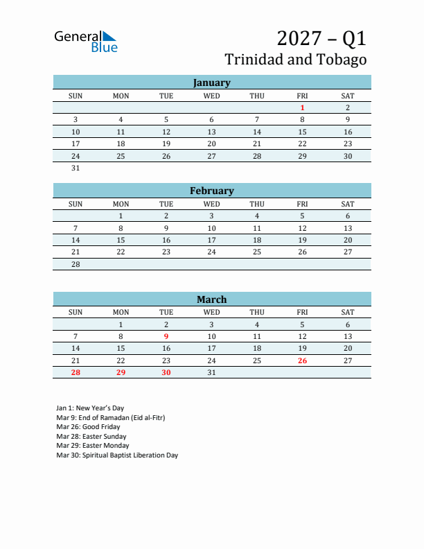 Three-Month Planner for Q1 2027 with Holidays - Trinidad and Tobago