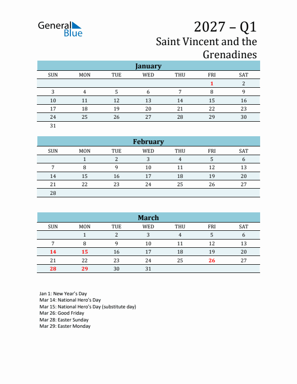 Three-Month Planner for Q1 2027 with Holidays - Saint Vincent and the Grenadines