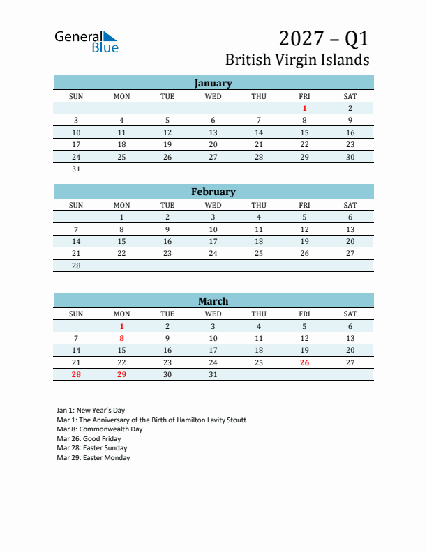 Three-Month Planner for Q1 2027 with Holidays - British Virgin Islands
