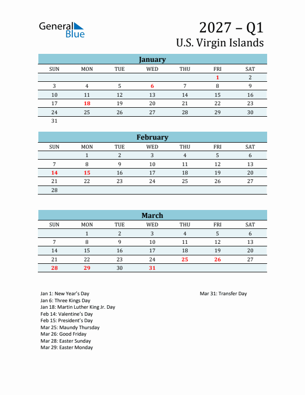Three-Month Planner for Q1 2027 with Holidays - U.S. Virgin Islands