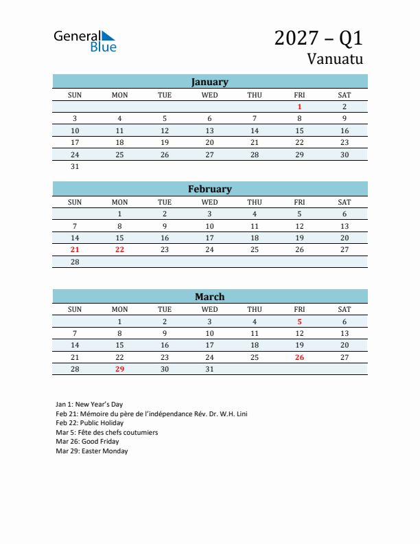 Three-Month Planner for Q1 2027 with Holidays - Vanuatu