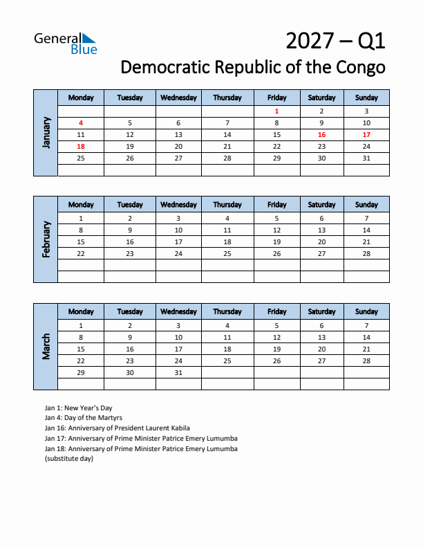 Free Q1 2027 Calendar for Democratic Republic of the Congo - Monday Start